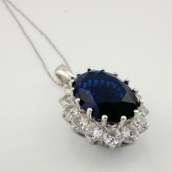 Stunning 6.40 Carat Imperial Lab Created  Blue Sapphire Pendant Necklace - Picture 8 of 16